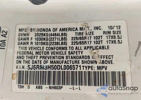 2013 Honda Cr-V Ex из США, поврежденный, VIN 5J6RM3H50DL006571